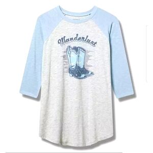 Torrid Wanderlust Baby Blue & Gray 3/4 Sleeve Raglan Tee W/Cowgirl Boots Size 2X